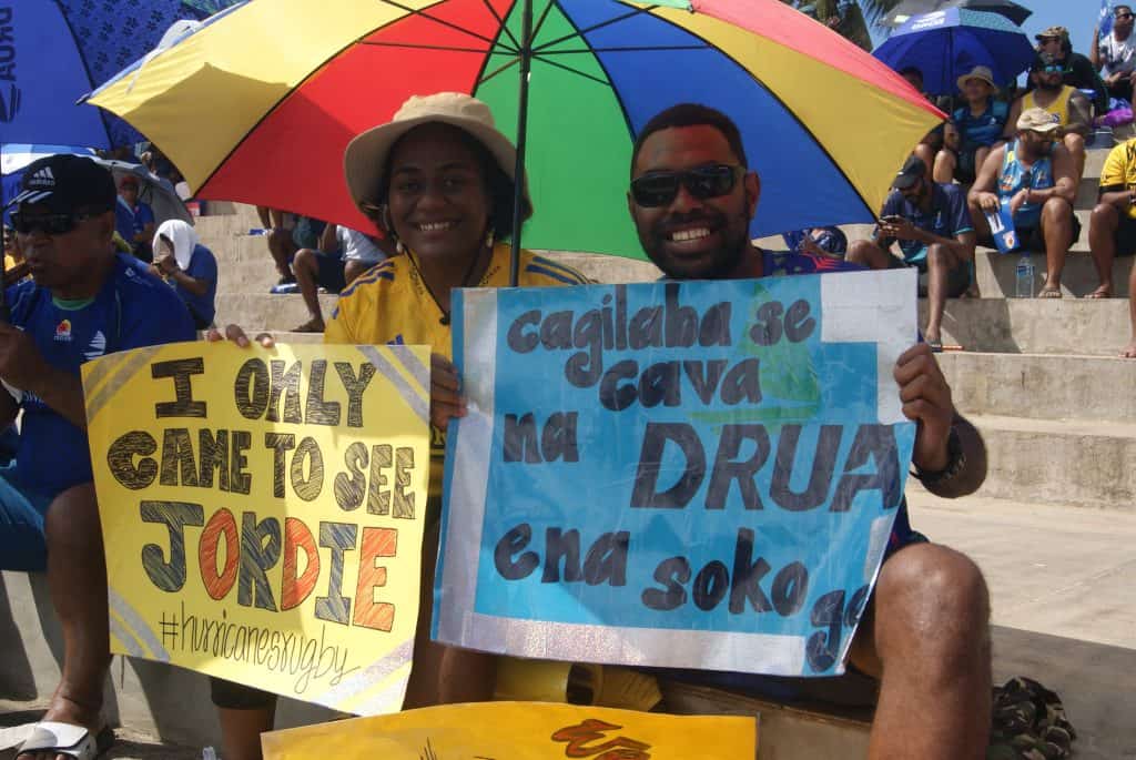 Fijian Drua fans, the Jiuta family support opposing teams