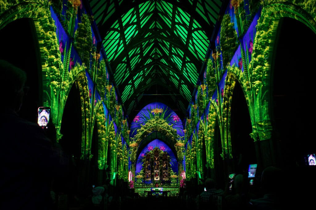 Lit interior of a cathedral