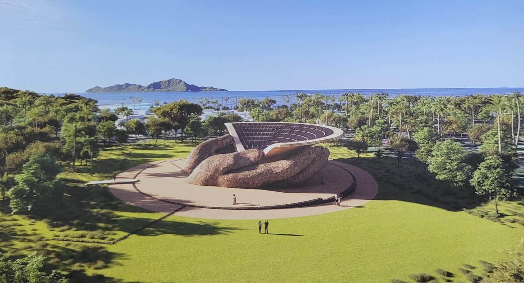 A sculpture of two cupped hands lined with solar panels